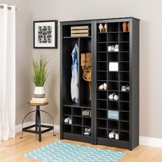 a black bookcase filled with shoes next to a potted plant