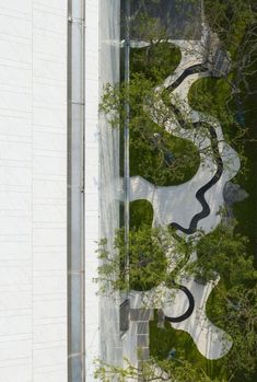 an aerial view of a winding road in the middle of a park with trees on both sides