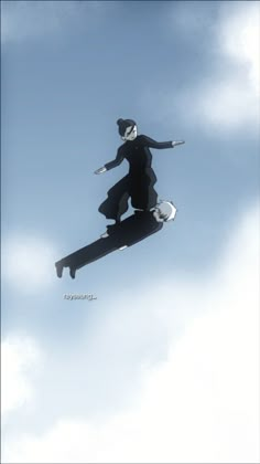 a person in the air on a skateboard with their arms out and feet apart