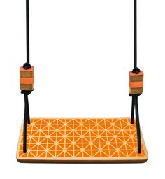 an orange and black swing with two wooden bars on the front, and one is attached to