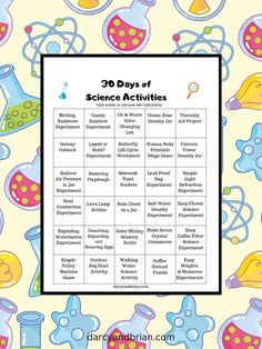 the 30 days of science activities for kids to do on their own school day, with pictures