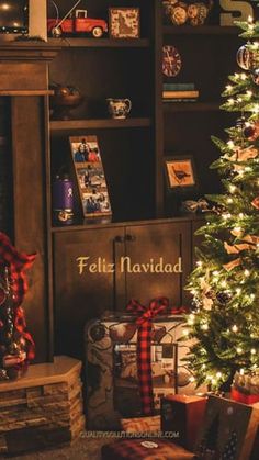 a living room with a christmas tree and presents