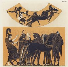 two ancient greek vases depicting men on horses, one holding a spear and the other riding a chariot