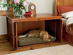 a dog laying in its bed under a wooden table with a clock on the side