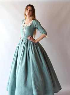 LOUISE, 18th-Century Dress in Almond Green Linen - Atelier Serraspina Outlander Dress, 18th Century Dresses, English Dress, 18th Century Dress, Century Dress, Honey Yellow, Historical Reenactment, Lace Ribbon, Historical Costume