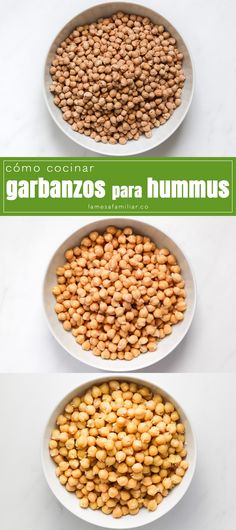 three bowls filled with different types of food on top of each other and the words garbanzos para hummus above them