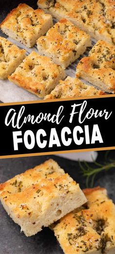 Collage of almond flour focaccia bread squares at top and bottom. Rosemary Focaccia Bread, Keto Brood, Rosemary Focaccia, Low Carb Low Fat Recipes, Pain Sans Gluten, Focaccia Recipe, Grain Bread, Gluten Free Breads, Almond Flour Recipes