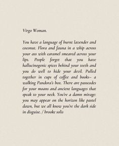 the text is written in black and white on a piece of paper that says, virgo woman you have a language of trust