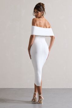 Figure Sculpting, Bardot Midi Dress, Bardot Neckline, Sleek Bun, Black Dress Prom, Court Heels, White Bodycon, Mesh Bodycon Dress, Black Tie Gala