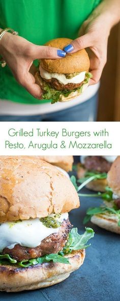 grilled turkey burgers with pesto, arugula and mozzarella