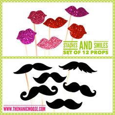 three different types of mustaches and lips with glitter stickers on them, one is pink