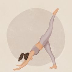 a woman is doing yoga in front of a circular background with her legs spread out