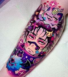 Anime Tattoos Color, Kawaii Anime Tattoo, Fangirl Tattoos, Kawaii Tattoo Sleeve, Cute Anime Tattoos, Cutesy Tattoos, Laura Anunnaki, Naruto Tattoos, Gay Tattoo