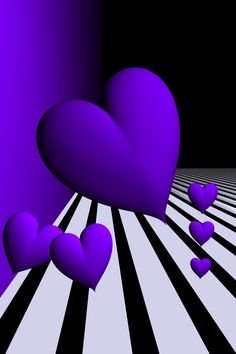 purple hearts floating in the air on black and white striped flooring with dark background