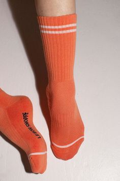 An extended version of the Girlfriend sock with a ribbed, striped cuff. Cozy, supportive and available in the best colors. Fabric is 85% cotton, 13% polyester, and 2% spandex. Good Products, The Girlfriends, Custom Items, Most Beautiful, Tights, Socks, Cuff, Pure Products, Orange