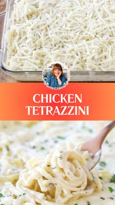 chicken tetrazzini in a casserole dish with a spoon