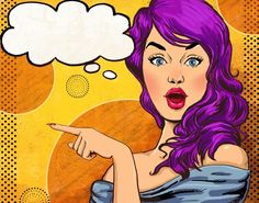 a woman with purple hair pointing to the left and an empty thought bubble above her head