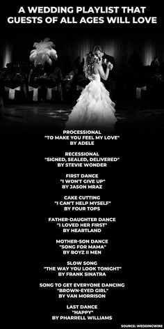 an advertisement for the wedding playlist that is in black and white