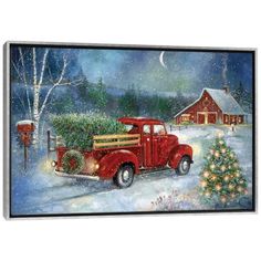 a christmas card with an old red truck in the snow and a tree on it