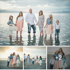 the family is standing in the water together