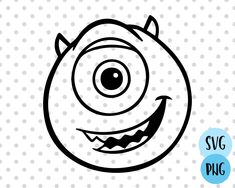 a black and white drawing of a cartoon character with big eyes, on a polka dot background