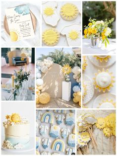 a collage of yellow and blue desserts, cookies, flowers, and decorations