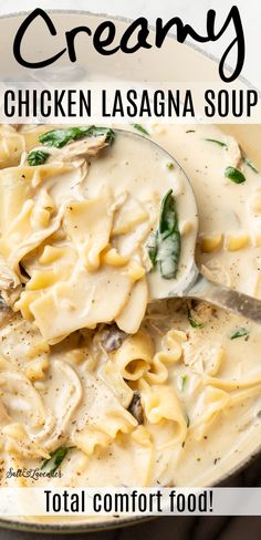 creamy chicken lasagna soup in a white bowl with a ladle and spoon