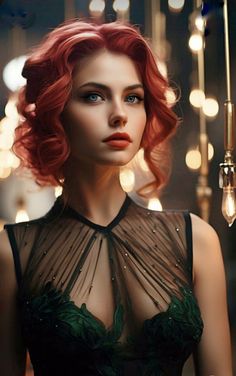 a woman with red hair wearing a black dress and some lights in the back ground