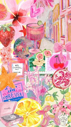 a collage of fruit, flowers and other items