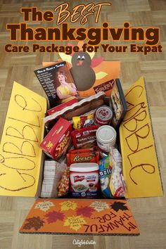 the best thanksgiving care package for your expat is in an open cardboard box