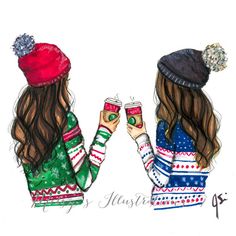 two girls wearing hats and sweaters are holding cups with drinks in their hands while looking at each other