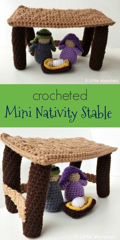 crocheted miniature nativity table with two people sitting on it and the top is made out of yarn