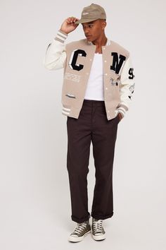 Frequent Want Perspective Varsity Jacket Taupe Cream- #Common #Cream #Jacket #Perspective #Taupe #Varsity Check more at https://howcandothis.com/manstyle/frequent-want-perspective-varsity-jacket-taupe-cream/ Letterman Jacket Outfit Men, Varsity Photoshoot, Jersey Jacket Outfit, Varsity Jacket Outfit Mens, Brown Cargo Pants Outfit, Cream Varsity Jacket, Letterman Jacket Outfit, Varsity Outfit, Prom Jacket