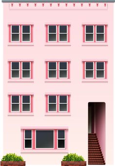 a pink building with many windows and steps