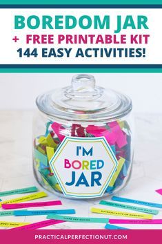 I’m Bored Jar For Kids, Kids Boredom Activities, Summer Boredom Busters For Kids, Bored Jar Activity List, Bored Jar Ideas For Kids, Activity Jar Ideas, Boredom Jar Ideas, Bored Jar Ideas, I'm Bored Jar