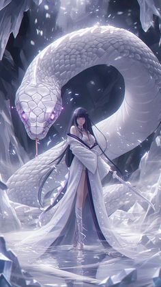 a woman is standing in front of a white dragon with purple eyes and long black hair