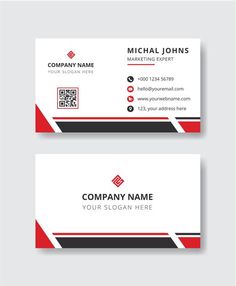 two business cards with red and black stripes