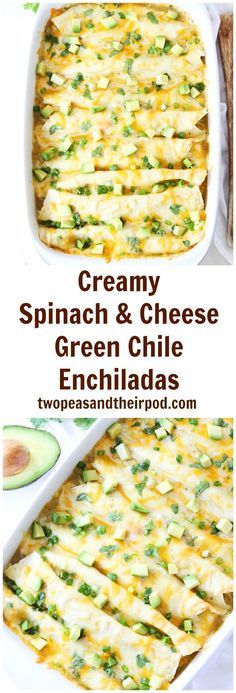 creamy spinach and cheese green chile enchiladas in a casserole dish