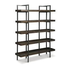 an industrial shelving unit with four shelves and one shelf on each side, in dark wood