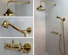 four different views of a shower head and hand shower faucet with gold fixtures