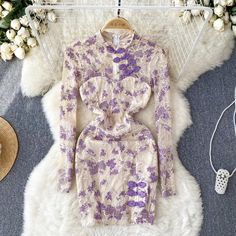 Elegant Floral Lace Long-Sleeve Mini Dress Purple Long Sleeve Beige Lace Dress With Patchwork, Beige Long Sleeve Lace Dress With Patchwork, High Neck Lace Party Dress, Beige Delicate Lace Party Dress, Long Sleeve Delicate Lace Party Dress, Beige Delicate Lace Dress For Party, Beige Party Dress With Delicate Lace, High Neck Lace Dress With Lace Sleeves, High Neck Lace Dress With Lace Trim