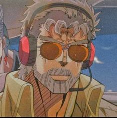 an anime character wearing headphones and looking at another character in the background with his eyes closed