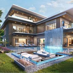 an artistic rendering of a house with a pool and waterfall in the front lawn area