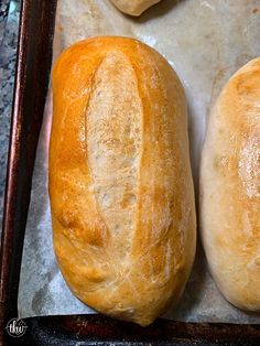 two loaves of bread sitting on top of a baking pan next to each other