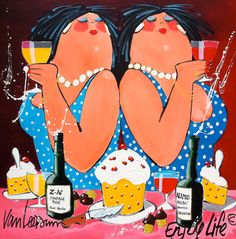 a painting of two women drinking wine and cake