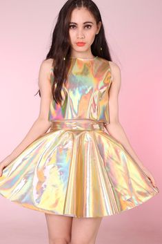 Image of Made To Order - Daniela PVC Set in Gold Holographic Holographic Dress, Space Fashion, Shiny Clothes, Futuristic Fashion, Party Style, Dress Party, Grunge Fashion