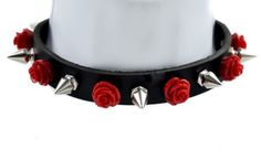 Red-Rose-and-Spike-Leather-Choker-Necklace-Gothic-Deathrock-Punk-Rockabilly-Vamp Red Choker Necklace, Spike Choker, Spiked Choker, Womens Fasion, Red Choker, Necklaces Choker, Gothic Chokers, Necklace Gothic