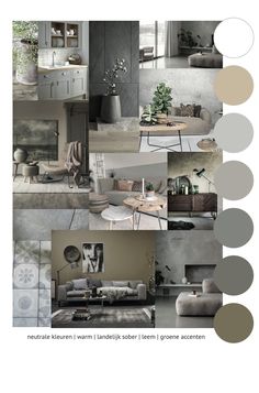 a collage of photos with different furniture and decor in grey tones on the wall