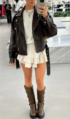 Click through to shop these knee high buckle biker boots <3 In love with how they edge up any outfit  biker boots outfit, concert outfit, spring outfit, summer outfit, mini skirt outfit, biker jacket outfit, spring aesthetic, white outfit, summer aesthetic, cool girl aesthetic, fashion girl aesthetic, everyday shoes outfit, spring outfits, casual spring outfits Summer Biker Boots Outfit, Knee Boots Summer Outfit, Aesthetic Outfits Mini Skirt, Concert Outfit Ideas Leather Jacket, Buckle Boots Outfit Fall, Riding Boots Outfit Summer, White Moto Boots Outfit, Moto Boots Winter Outfit, Concert Boots Outfit