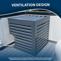 an advertisement for ventilation design on the roof of a building with blue background